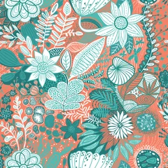 Fotobehang Floral seamless pattern - white, orange and green, flowers background, half drop repeat © Ekaterina
