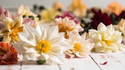 Spring flowers on a white wooden background, selective focus, copy space. Generated AI