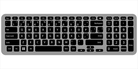 Keyboard of computer, laptop. Modern key buttons for pc. Black, white keyboard isolated on white background. Icons of control, enter, qwerty, alphabet, numbers, shift, escape. Realistic mockup. Vector