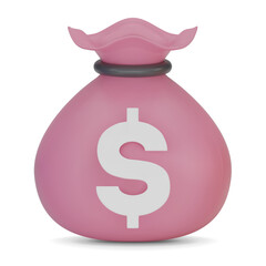 Ping Moneybags isolated on white background. Money bag with a dollar sign icon. Money saving concept. Growth, income, savings, investment, wealth. 3d png illustration.
