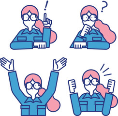 作業着を着用した女性のシンプルなアイコンセット（B）