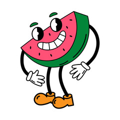Retro cartoon cute dude watermelon character. Trendy funky retro style cartoon watermelon
