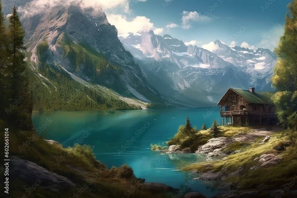 Poster a picture of a log cabin with mountains in the distance and a lake in front of it generative ai