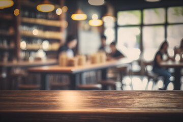 Obraz premium Empty wooden table space platform and blurry defocused restaurant interior, Vintage tone