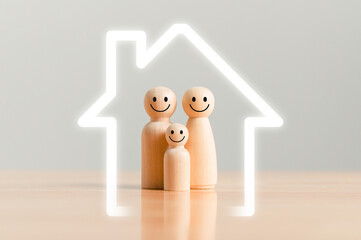 Happy family at home sweet home wooden figurine model on table top background. People lifestyles and Relationships in love concept. - obrazy, fototapety, plakaty