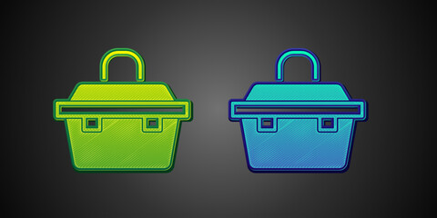 Green and blue Case or box container for wobbler and gear fishing equipment icon isolated on black background. Fishing tackle. Vector