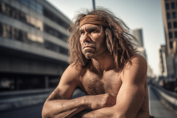 Portrait of prehistoric neanderthal man at city street in present time. Adaptation of ancient man in modern society. Created with Generative AI - obrazy, fototapety, plakaty