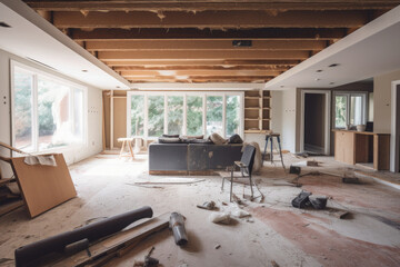 Renovation concept. Living room interior prepared for repair. Unfinished construction in apartment. Created with Generative AI