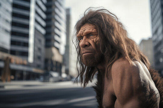 Portrait of prehistoric neanderthal man at city street in present time. Adaptation of ancient man in modern society. Created with Generative AI