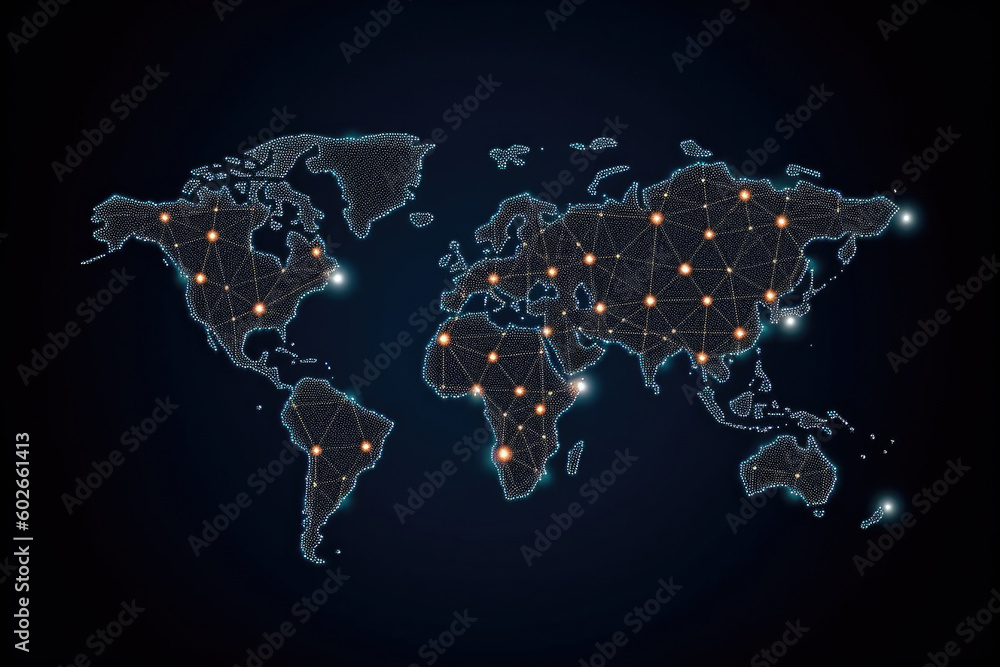 Poster digital world map with dot connections. global communication and network. created with generative ai