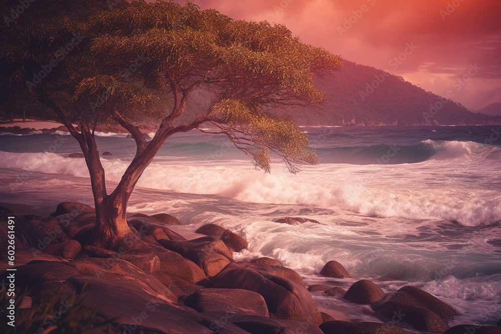 Poster a tree growing on the edge of some rocks, with the sound of pounding waves in the background generat