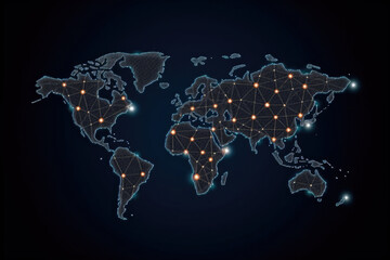 Digital world map with dot connections. Global communication and network. Created with Generative AI