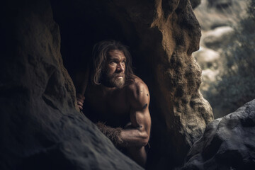 Fototapeta na wymiar Portrait of prehistoric man in cave. Face of Neanderthal caveman with beard. Ancestor of mankind. Created with Generative AI
