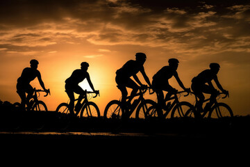 Fototapeta na wymiar Silhouettes of professional cyclists training on road bikes at sunset. Active outdoor sports. Cycling trip. Created with Generative AI