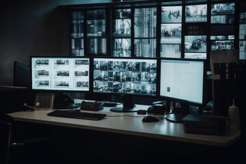 Naklejka premium Workplace with surveillance camera monitors. CCTV cameras in surveillance room. Security office. Created with Generative AI