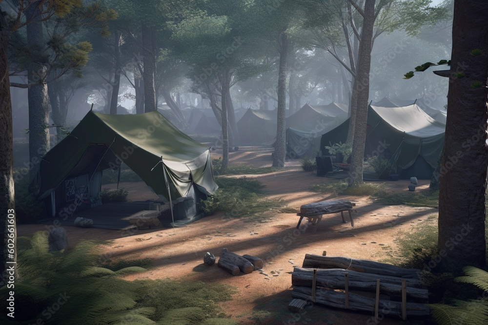 Poster a collection of tents set up in the woods, together with a table generative ai
