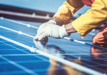 Male worker installing solar panels. Generative AI. 