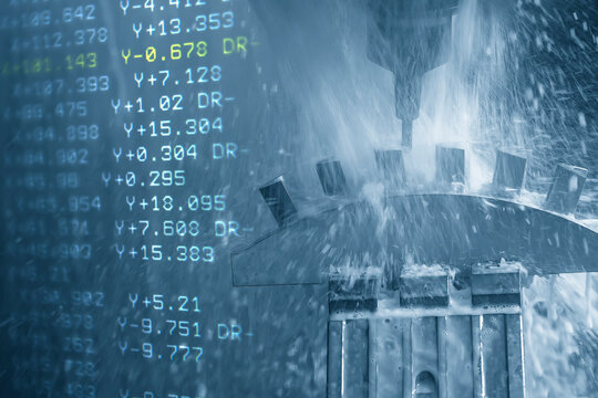 Abstract scene the 5-axis machining center cutting the water turbine blade part and G-code data background.