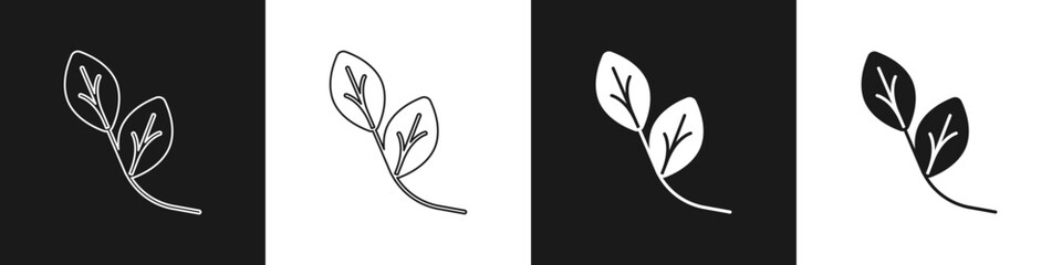 Set Leaf icon isolated on black and white background. Leaves sign. Fresh natural product symbol. Vector