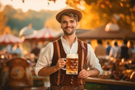 Oktoberfest Tradition. Beauty man wearing traditional clothes and holding beers at the festival. Sunset. German culture and celebration concept. AI Generative