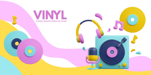 Vinyl record player horizontal banner in cute 3d style, vector illustration on white background. © sabelskaya