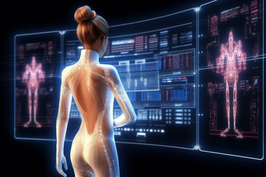 Woman in futuristic armored suit with sensors analyzing data on hologram screen. Monitoring statistics in metaverse. Ai generated