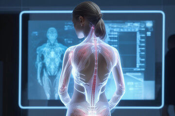 A woman wearing a futuristic suit with sensors for health monitoring and showing chest x-ray and pain areas, in clinic. In front of anatomy hologram screen. Ai generated art.