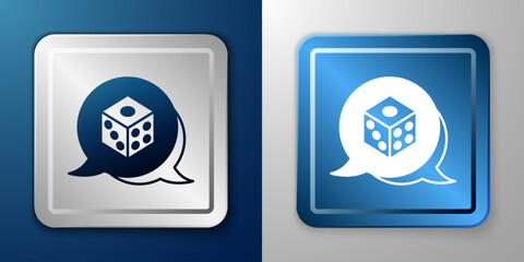 White Game dice icon isolated on blue and grey background. Casino gambling. Silver and blue square button. Vector