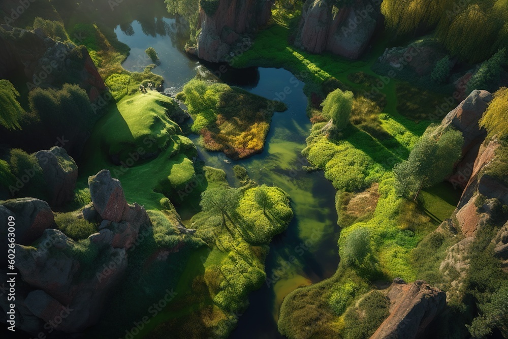 Poster an overhead perspective of a river in the middle of a forest generative ai