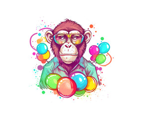 Funny Monkey in a rainbow glasses and bubblles. Vector illustration desing.
