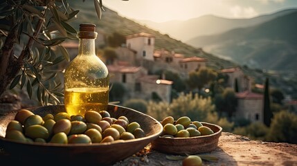 Olive oil and delicious olives on background of picturesque olive grove and mountain village. Based on Generative AI - obrazy, fototapety, plakaty