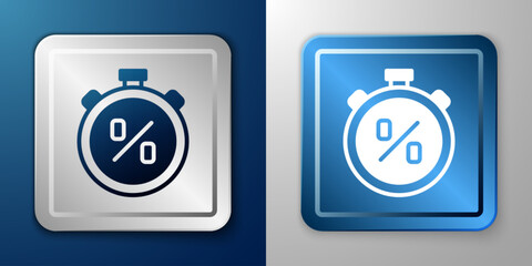 White Stopwatch with percent discount icon isolated on blue and grey background. Time timer sign. Silver and blue square button. Vector
