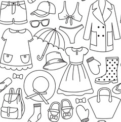 Vector line seamless pattern with various items of clothing and footwear. Background in doodle style