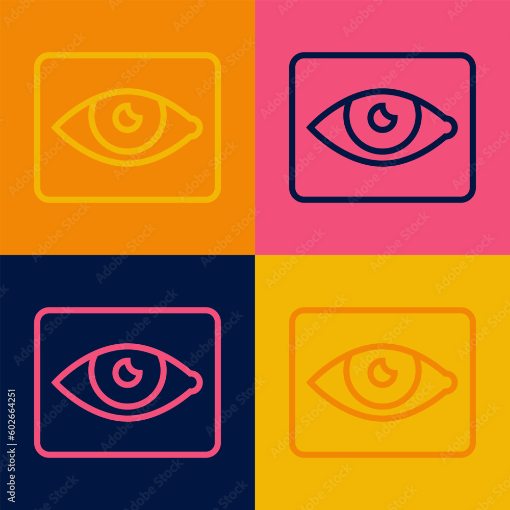 Sticker Pop art line Red eye effect icon isolated on color background. Eye redness sign. Inflammatory disease of eyes. Vector