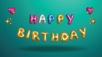 3d happy birthday and flying heart and star shape balloons with light blue background, happy birthday typography by colorful balloon shapes, design template for birthday celebration and greeting card