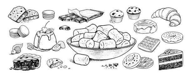 Vector sketchy illustrations set of desserts and sweet food