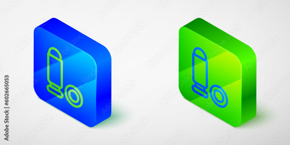 Wall mural Isometric line Bullet icon isolated on grey background. Blue and green square button. Vector