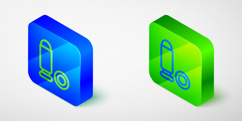 Isometric line Bullet icon isolated on grey background. Blue and green square button. Vector