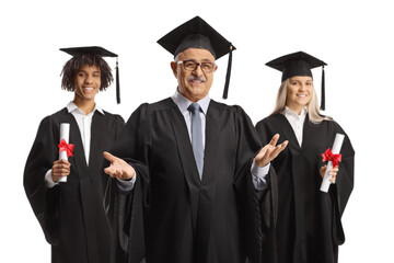 Univeristy dean and students in graduation gowns