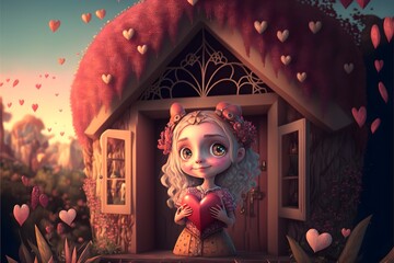 The girl is standing in front of her house- fall in love, illustration generated by AI