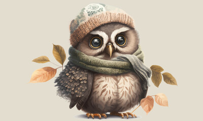 Owl in a hat and scarf. Sad owl on the background of autumn leaves. Flat vector illustration