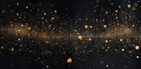 Gold dots on a black background, light particles for a luxury celebration. Drops sparkle on black. Generative AI. 
