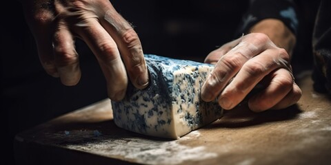 Close up hands an artisan cheese maker prepares a small-batch, cave-aged blue cheese, concept of Food fermentation, created with Generative AI technology - obrazy, fototapety, plakaty