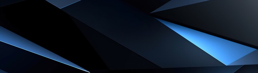 Black blue abstract modern background for design. Dark. Geometric shape. 3d effect. Diagonal lines, stripes. Triangles. Gradient. Light, glow. Metallic sheen. Minimal. Web banner. Wide. Panoramic