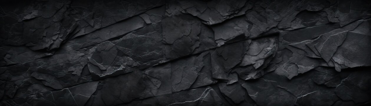 Black white stone texture. Rock surface. Close-up. Like a old rough concrete wall. Dark gray grunge background with space for design. Template. Backdrop. Wide banner. Panoramic
