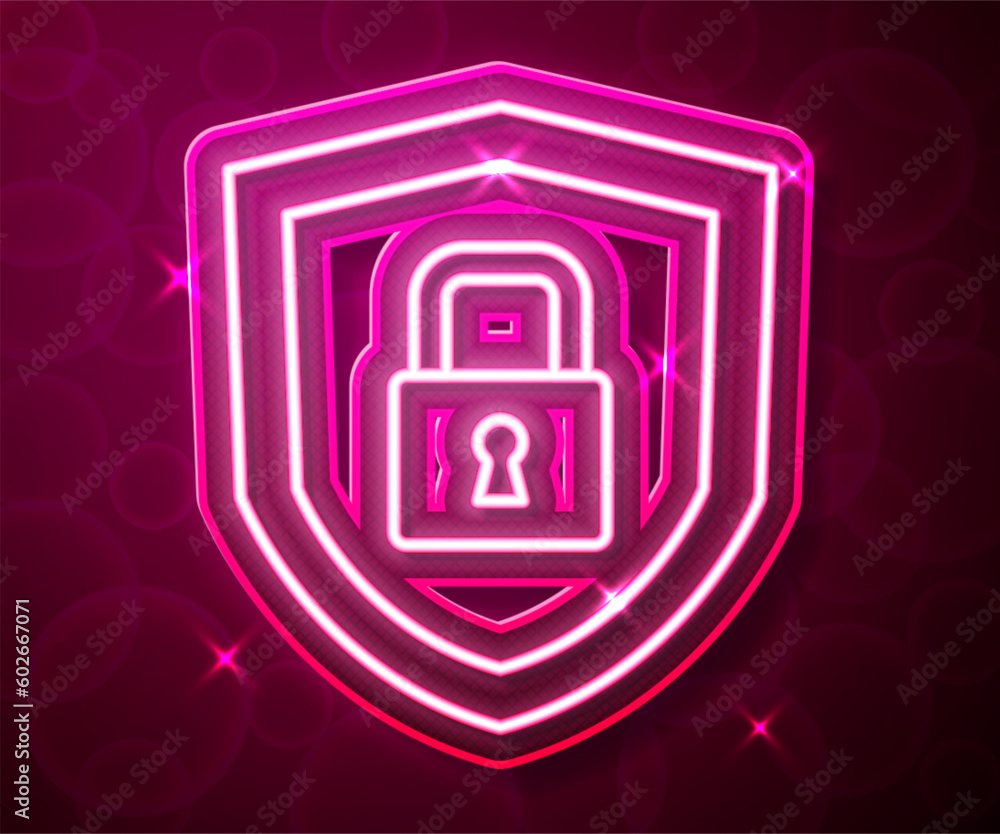Poster glowing neon line shield security with lock icon isolated on red background. protection, safety, pas