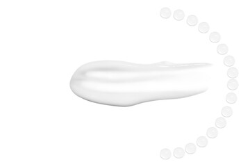 Drops of transparent gel and a dab of white cosmetic cream. On a white background.