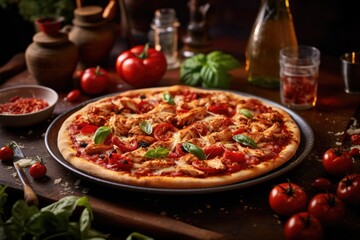 Obraz na płótnie Canvas Fresh Homemade Italian Pizza Margherita with buffalo mozzarella and basil. generated by AI