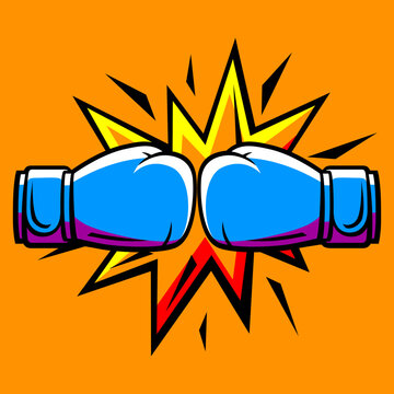 Emblem with boxing gloves. Box club label. Sport illustration in cartoon style.
