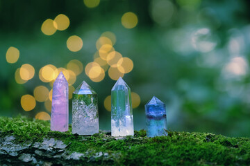 gemstones crystal towers close up on forest natural background. fluorite, clear and rose quartz...